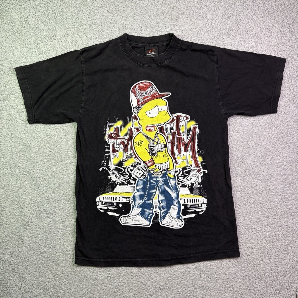 VTG Bart Simpson Shirt Men Medium Black Gangster Y2K Graphic CH Gold Series